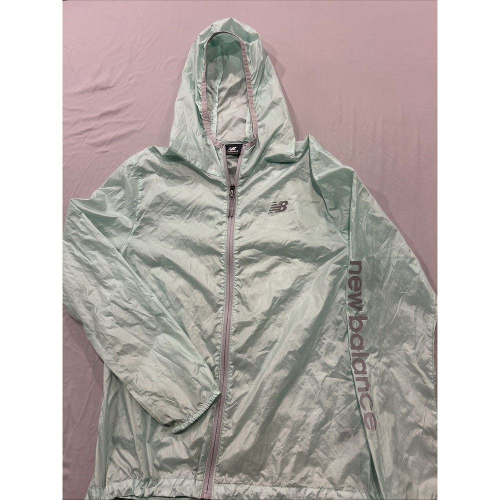 New Balance Windbreaker Mint Green Aqua Full Zip Women's Large Hood Pocket Light